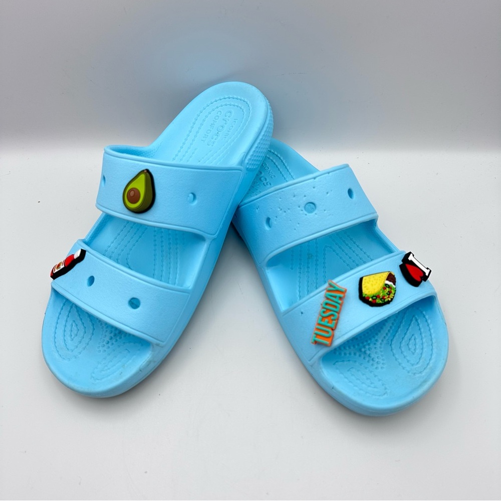 Crocs Classic Lt Blue Iconic Comfort Slide Sz M 7 W 9 Taco Tuesday Imperfections